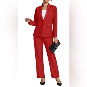 Women's Red Tailored Pantsuit Blazer & Straight-Leg Trousers